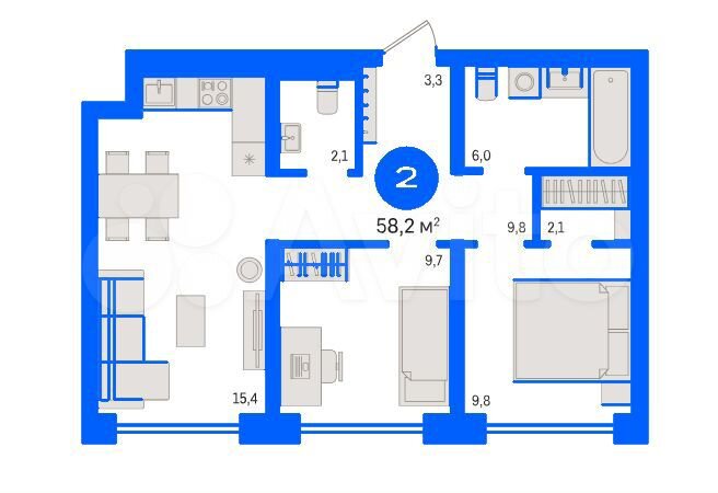 2-к. квартира, 58,2 м², 2/5 эт.
