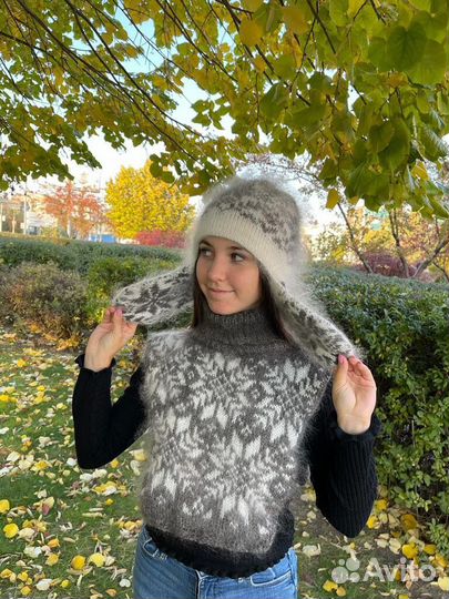 Шапка ушанка пуховая двойная вязаная Козий пух