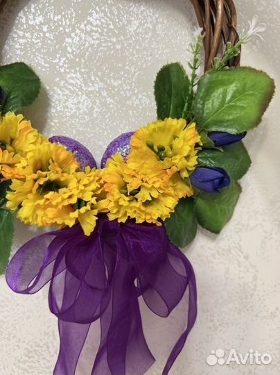 Веночек на стену или дверь Пасхальный из ротанга