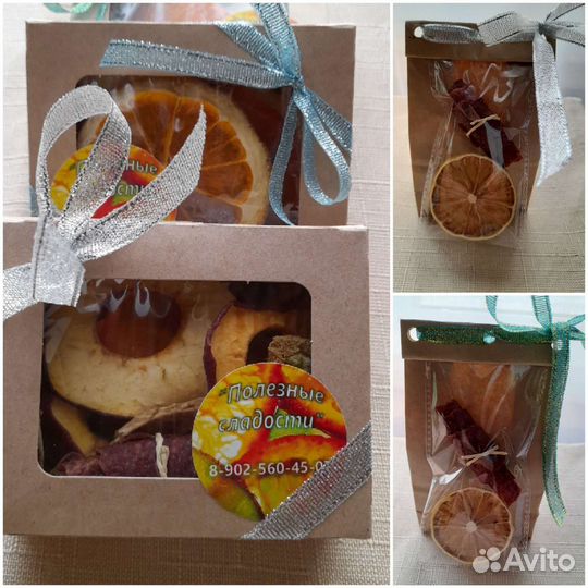 Фруктовые чипсы и пастила, орехи, фуд-букеты