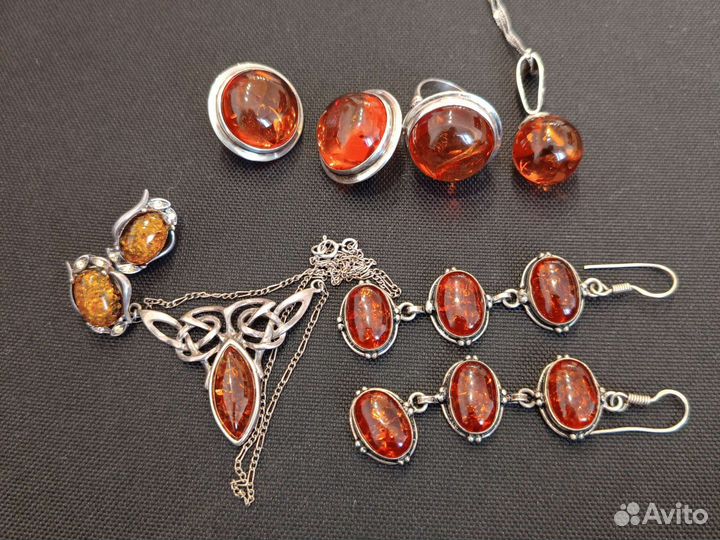 Янтарь серебро СССР, колье янтарь, серьги