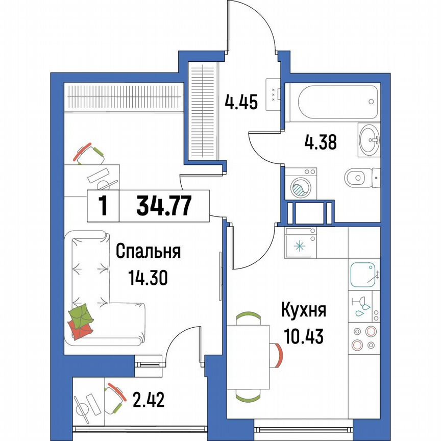 1-к. квартира, 34,8 м², 8/16 эт.