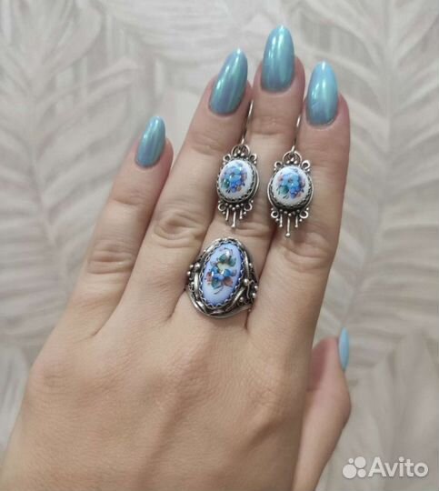 Комплект финифть серьги, кулон, кольцо СССР