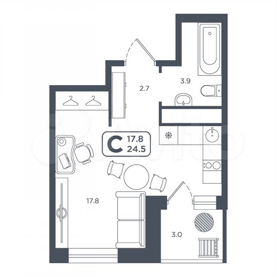 Квартира-студия, 24,6 м², 16/22 эт.