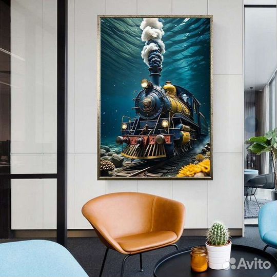 Оригинальная картина маслом Паровоз под водой