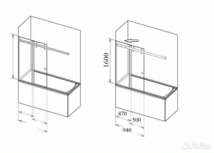 Раздвижная перегородка из стекла на ванну 160х94