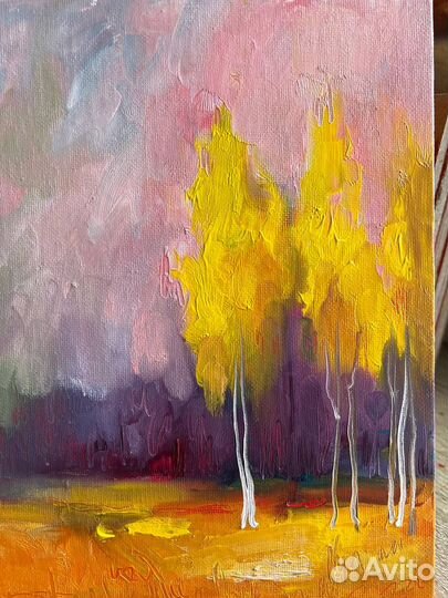 Картина с пейзажем осень утро березы масло холст