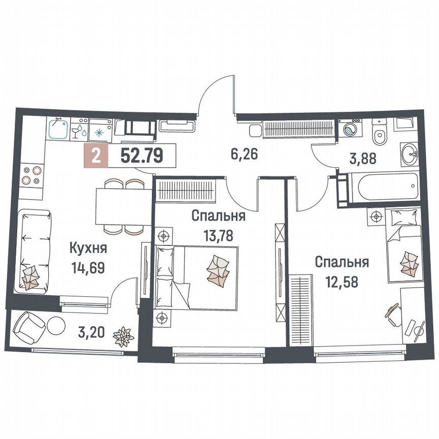 2-к. квартира, 52,8 м², 16/18 эт.