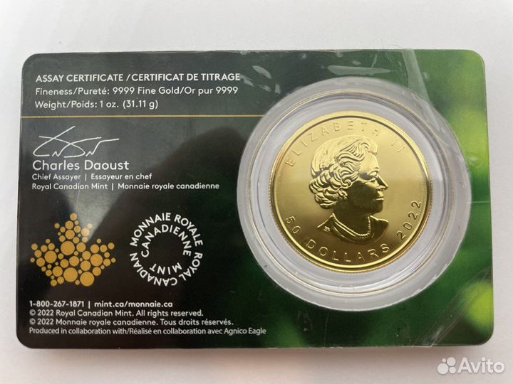 Золотая монета Кленовый Лист 31,1г 2022 год