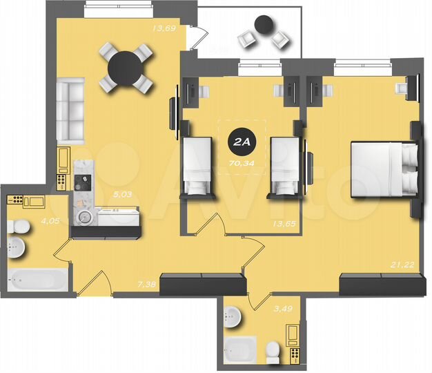 2-к. квартира, 70,3 м², 10/22 эт.