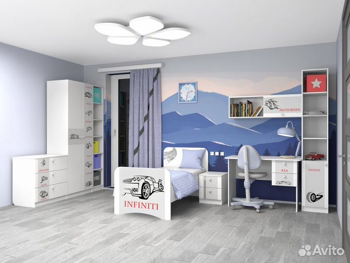 Кровать машинки белая с фотопечатью 1.6 м