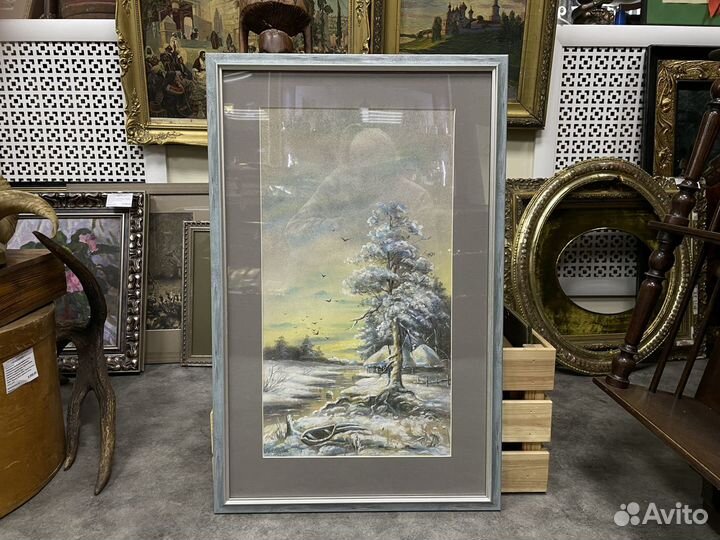 Картина в раме, зимний пейзаж. Пастель