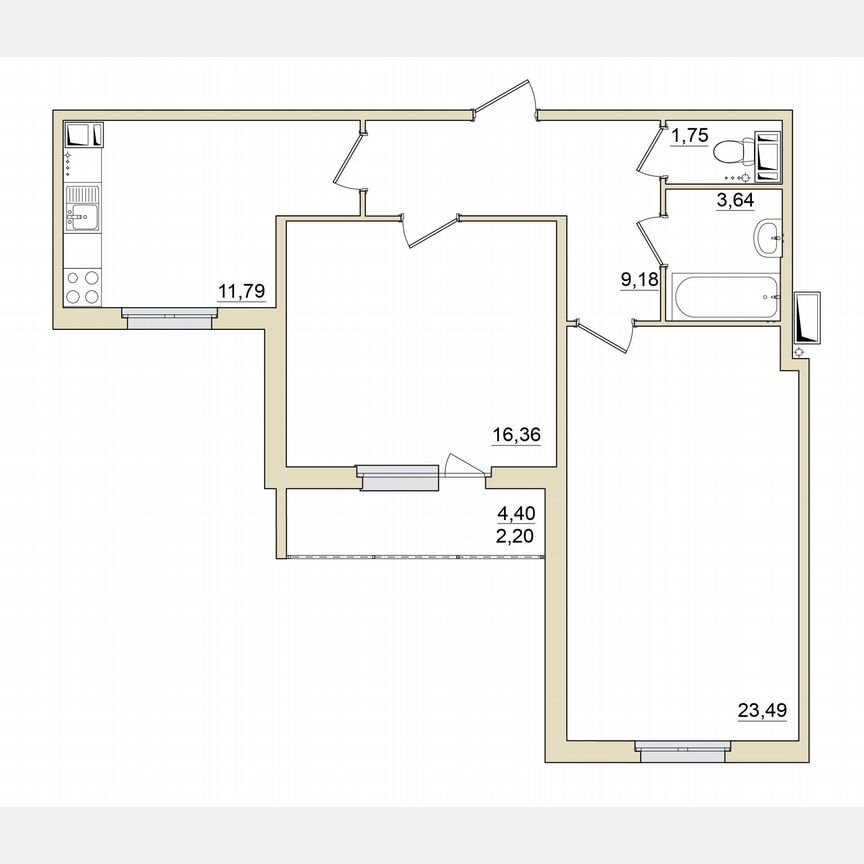 2-к. квартира, 68,4 м², 4/6 эт.