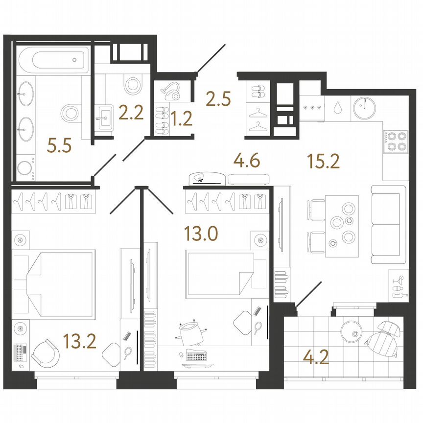 2-к. квартира, 57,4 м², 7/12 эт.