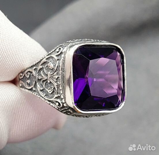 Серебряное кольцо мужское, перстень с аметистом