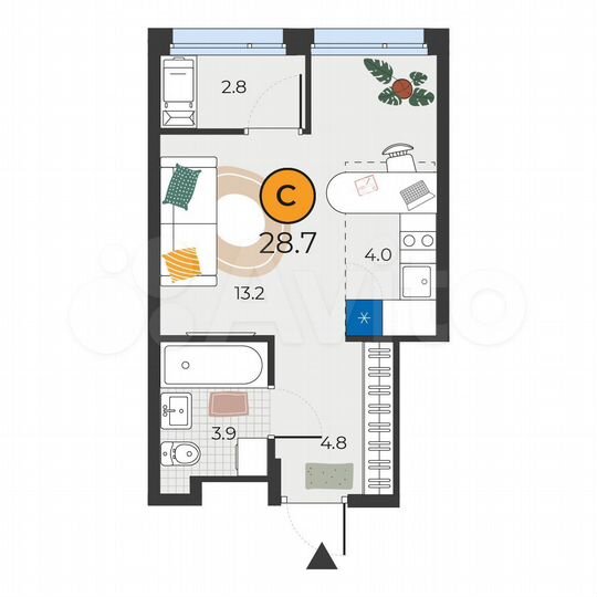 Квартира-студия, 28,7 м², 19/25 эт.