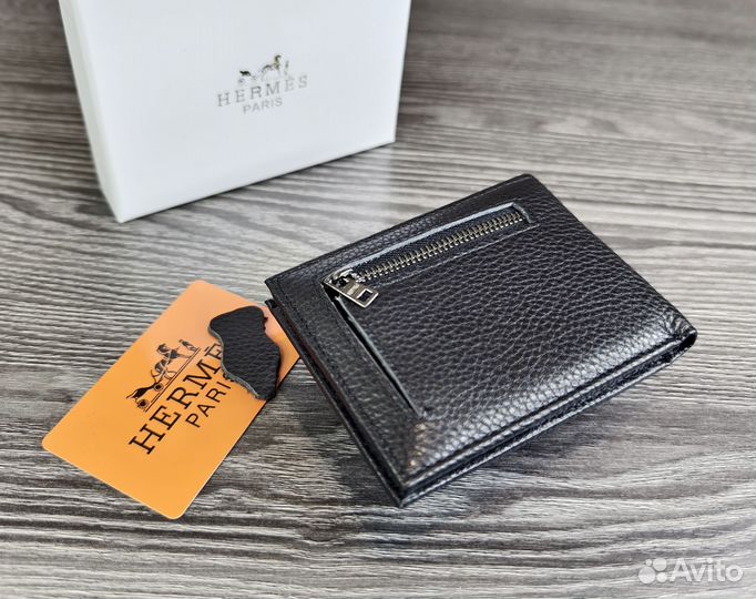 Мужской кожаный кошелёк Hermes black магнит новый