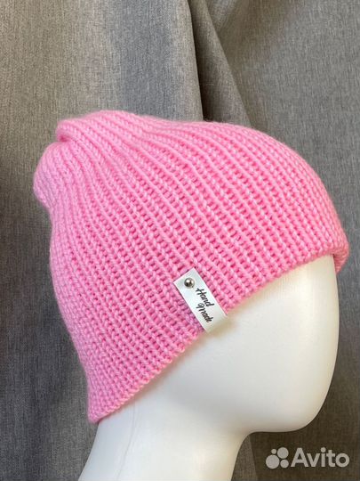 Шапка бини двойная вязаная розовая. Ручная работа