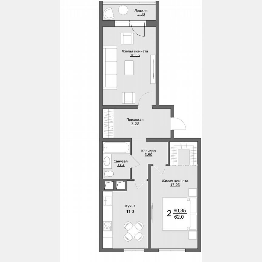 2-к. квартира, 62,1 м², 5/9 эт.
