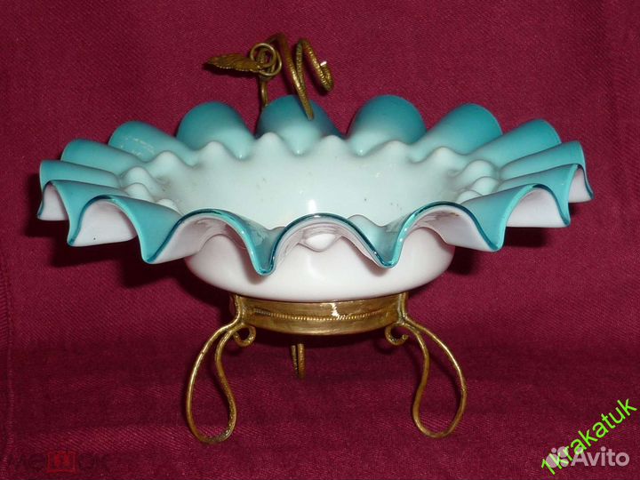 Ажурная ваза конфетница голубое стекло Нач 20 века