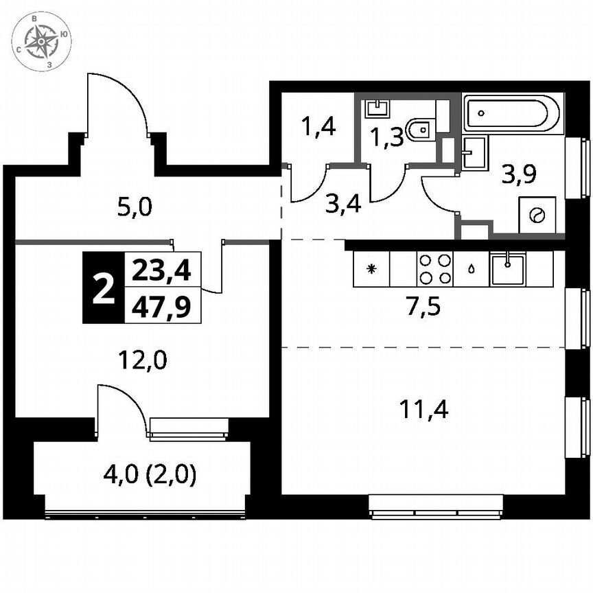 1-к. квартира, 47,9 м², 2/17 эт.