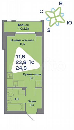 Квартира-студия, 24,8 м², 2/4 эт.