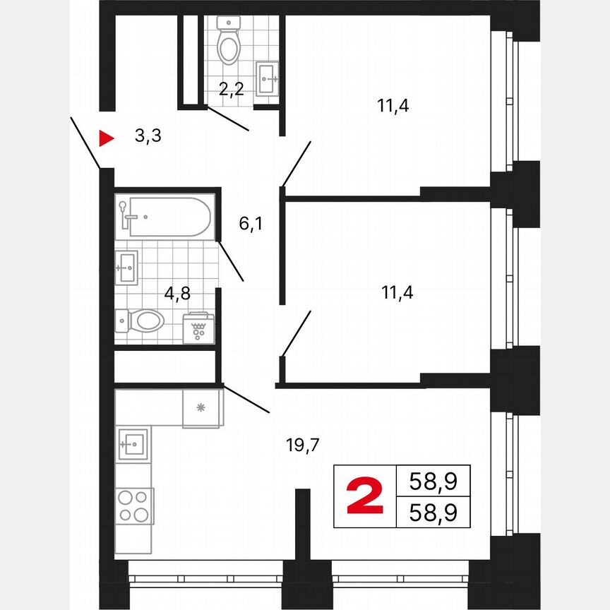 2-к. квартира, 58,9 м², 16/29 эт.
