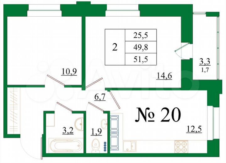 2-к. квартира, 51,5 м², 3/8 эт.