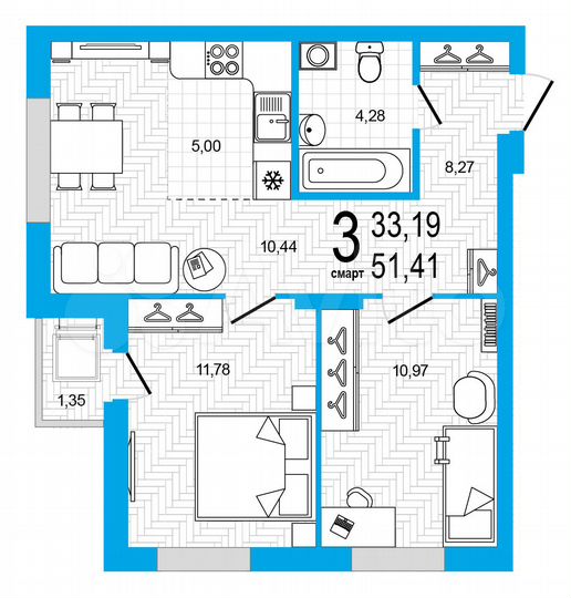 3-к. квартира, 51,4 м², 12/18 эт.