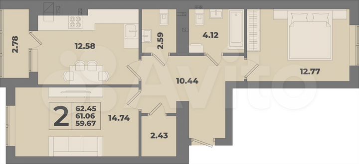 2-к. квартира, 62,5 м², 9/10 эт.