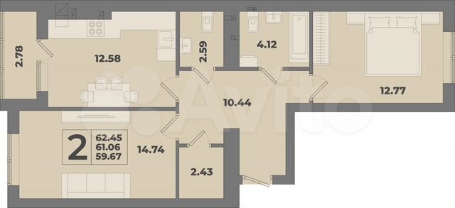 2-к. квартира, 62,5 м², 9/10 эт.