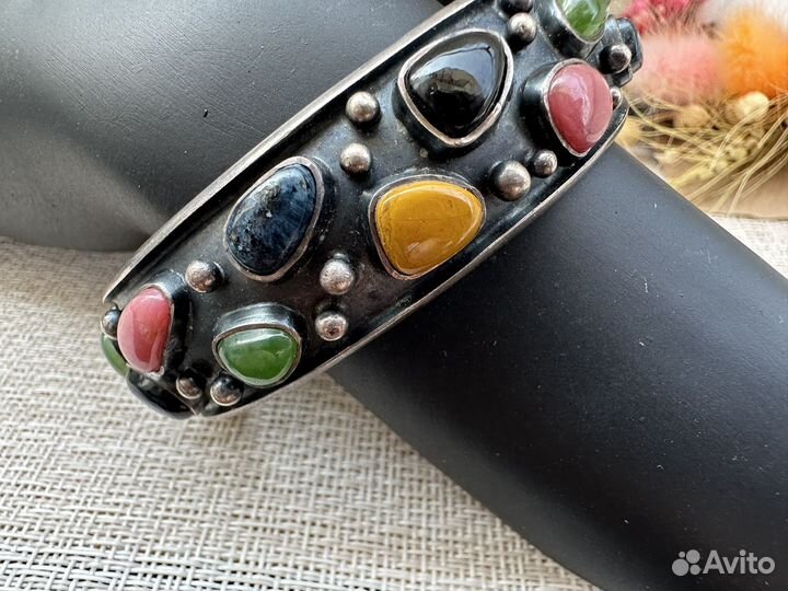 Браслет мультикамни серебро 925 звезда чернение