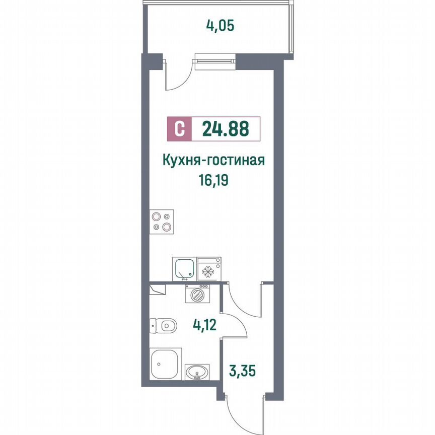 Квартира-студия, 24,9 м², 2/16 эт.