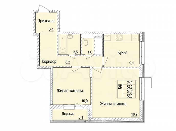 2-к. квартира, 56,5 м², 21/25 эт.