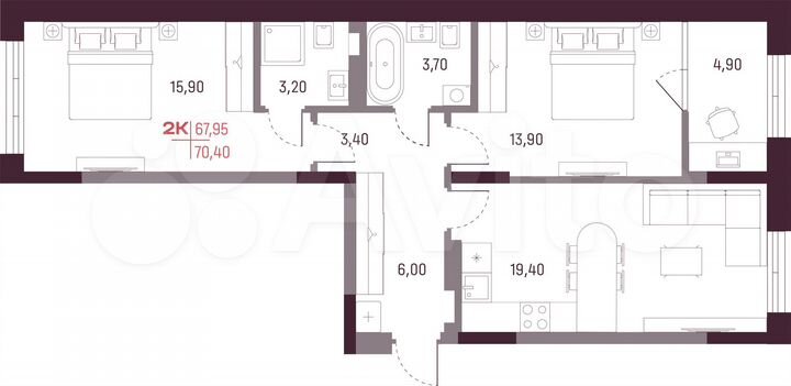 2-к. квартира, 68 м², 3/25 эт.