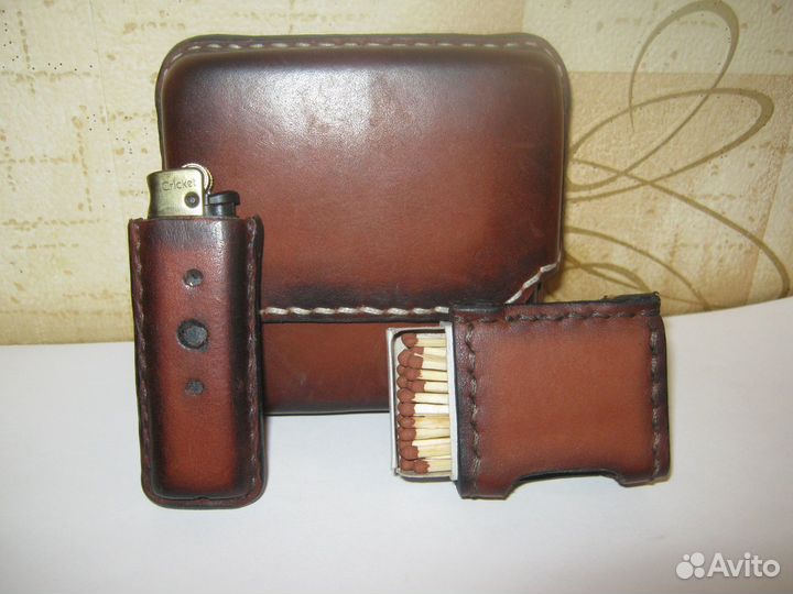 Портсигар кожаный, чехол для зажигалки, спичечница