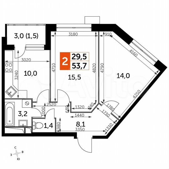 2-к. квартира, 53,7 м², 9/17 эт.