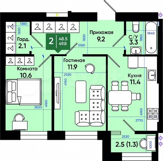 2-к. квартира, 49,8 м², 3/3 эт.