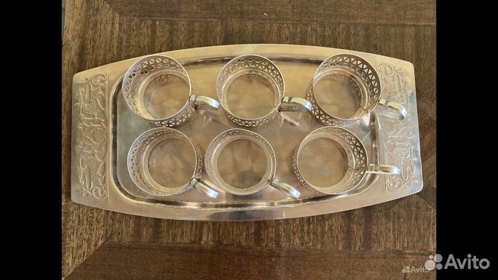 Набор подстаканников с подносом мельхиор