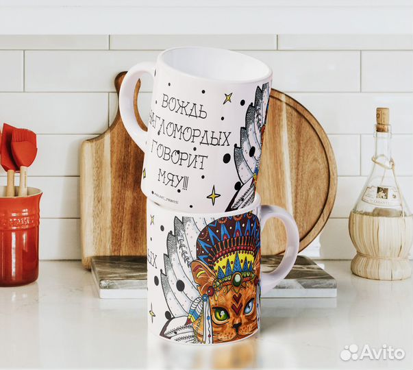 Кружка с авторским принтом Кот, моряк, единорог др