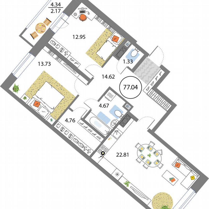 2-к. квартира, 77 м², 5/12 эт.