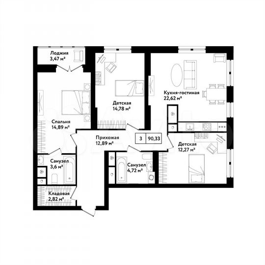 3-к. квартира, 90,3 м², 16/25 эт.
