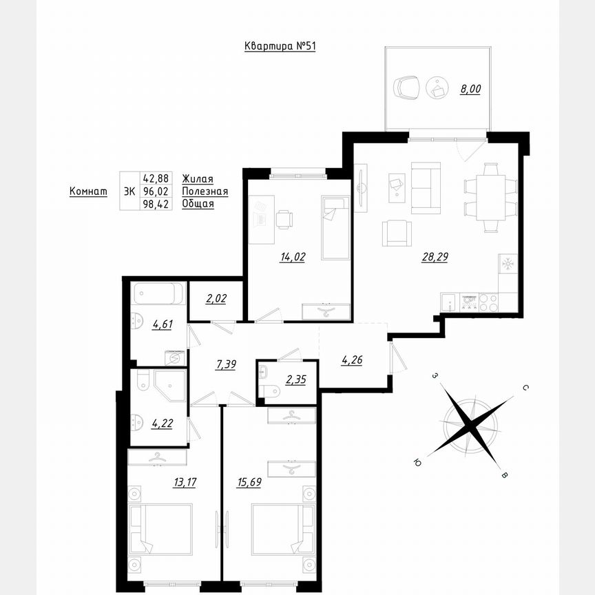 3-к. квартира, 98,4 м², 1/5 эт.