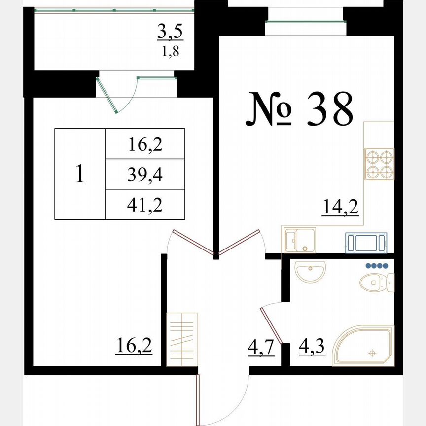 1-к. квартира, 41,2 м², 5/8 эт.