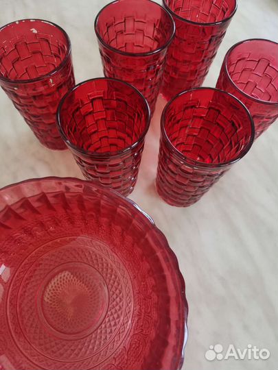 Комплект Бокалы 6шт и Салатники 3шт красное стекло