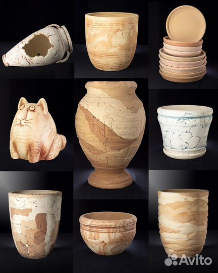 Горшки, амфора, фигуры из глины шамот