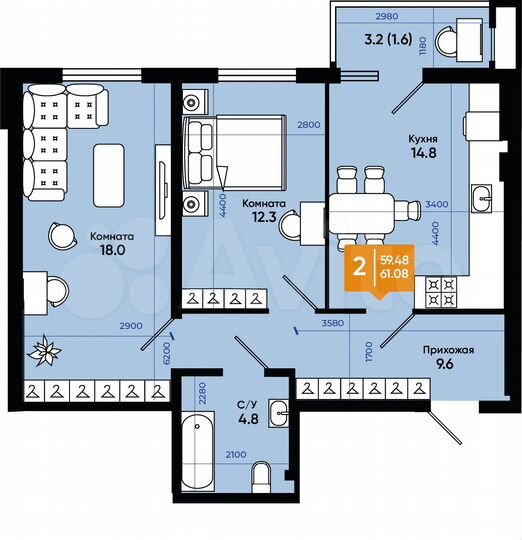 2-к. квартира, 61,1 м², 1/9 эт.