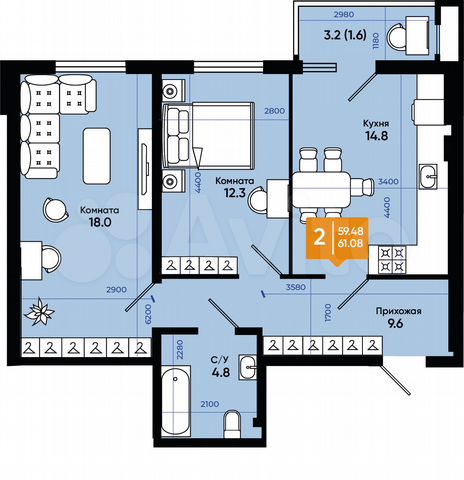 2-к. квартира, 61,1 м², 1/9 эт.