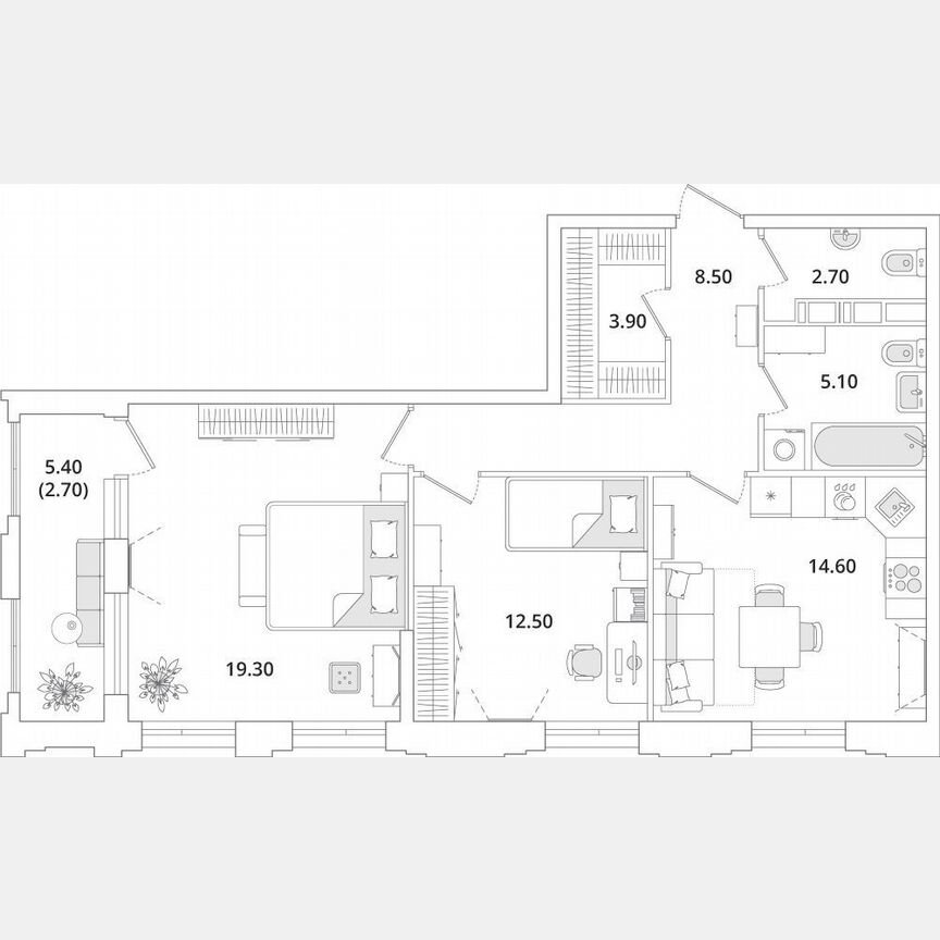 2-к. квартира, 69,3 м², 7/13 эт.