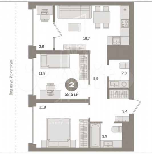 2-к. квартира, 59,7 м², 2/17 эт.